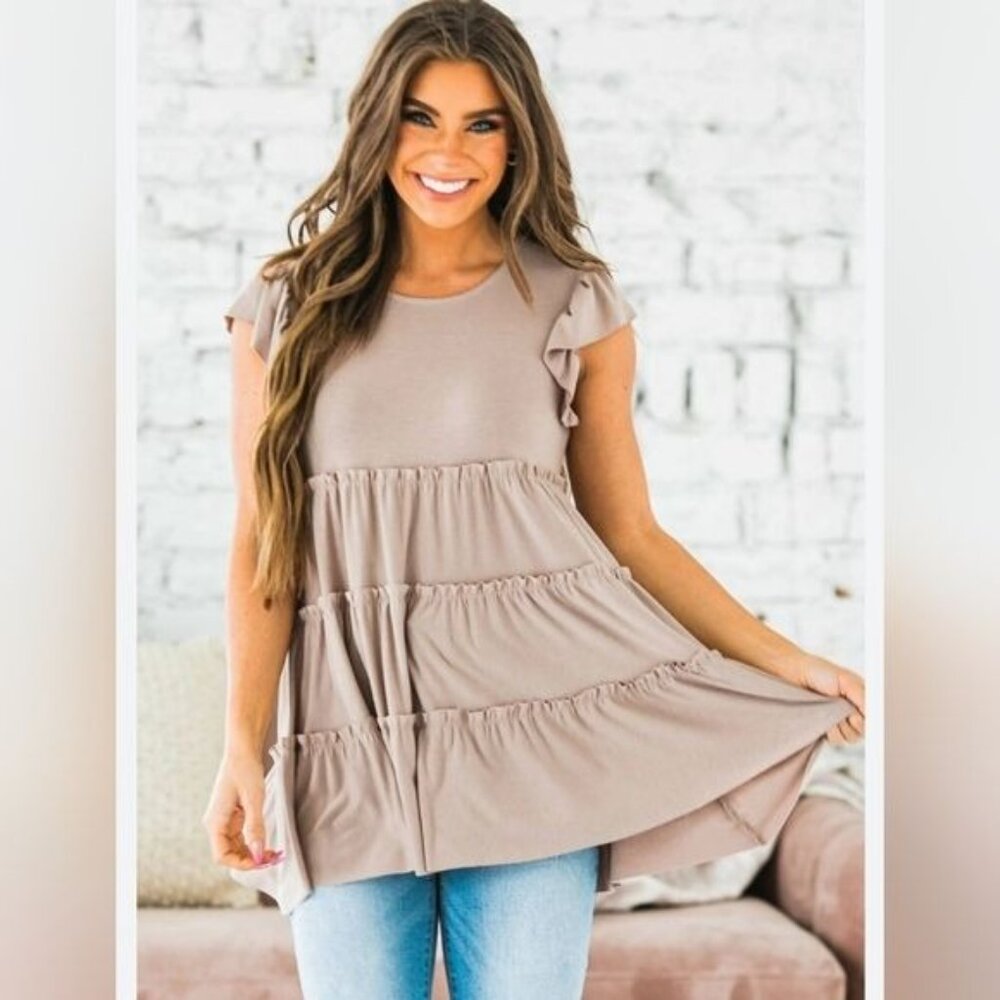 Zenana Ash Mocha Tiered Mini Dress Flutter Sleeve Tan Sleeveless Size Medium - Picture 2 of 12